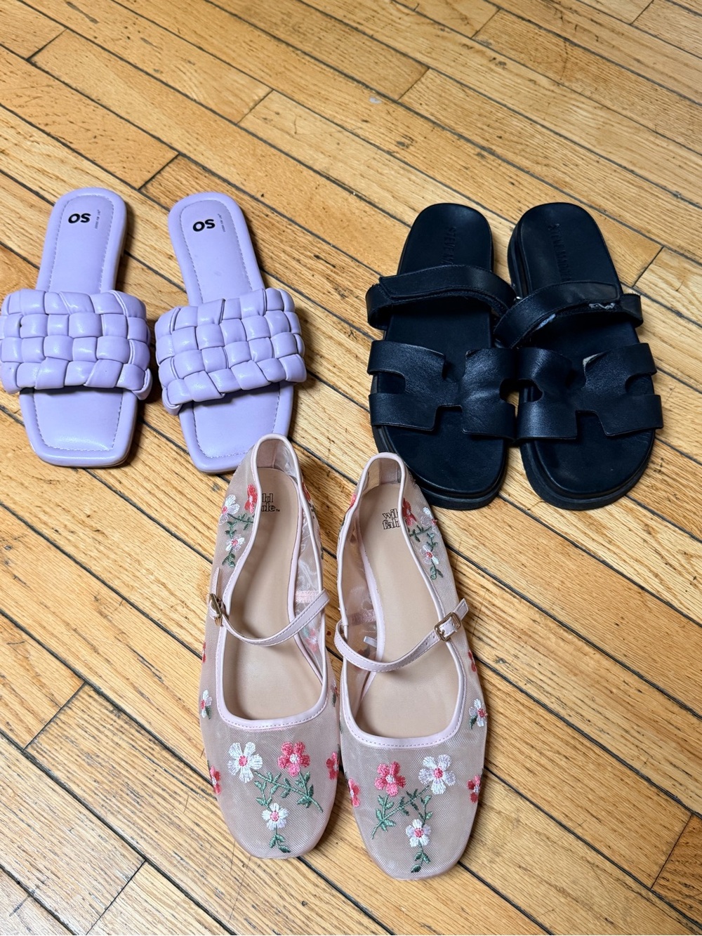 3-Pair Women's Shoe Bundle - Lavender Slides, Black Sandals, Pink Floral Flats